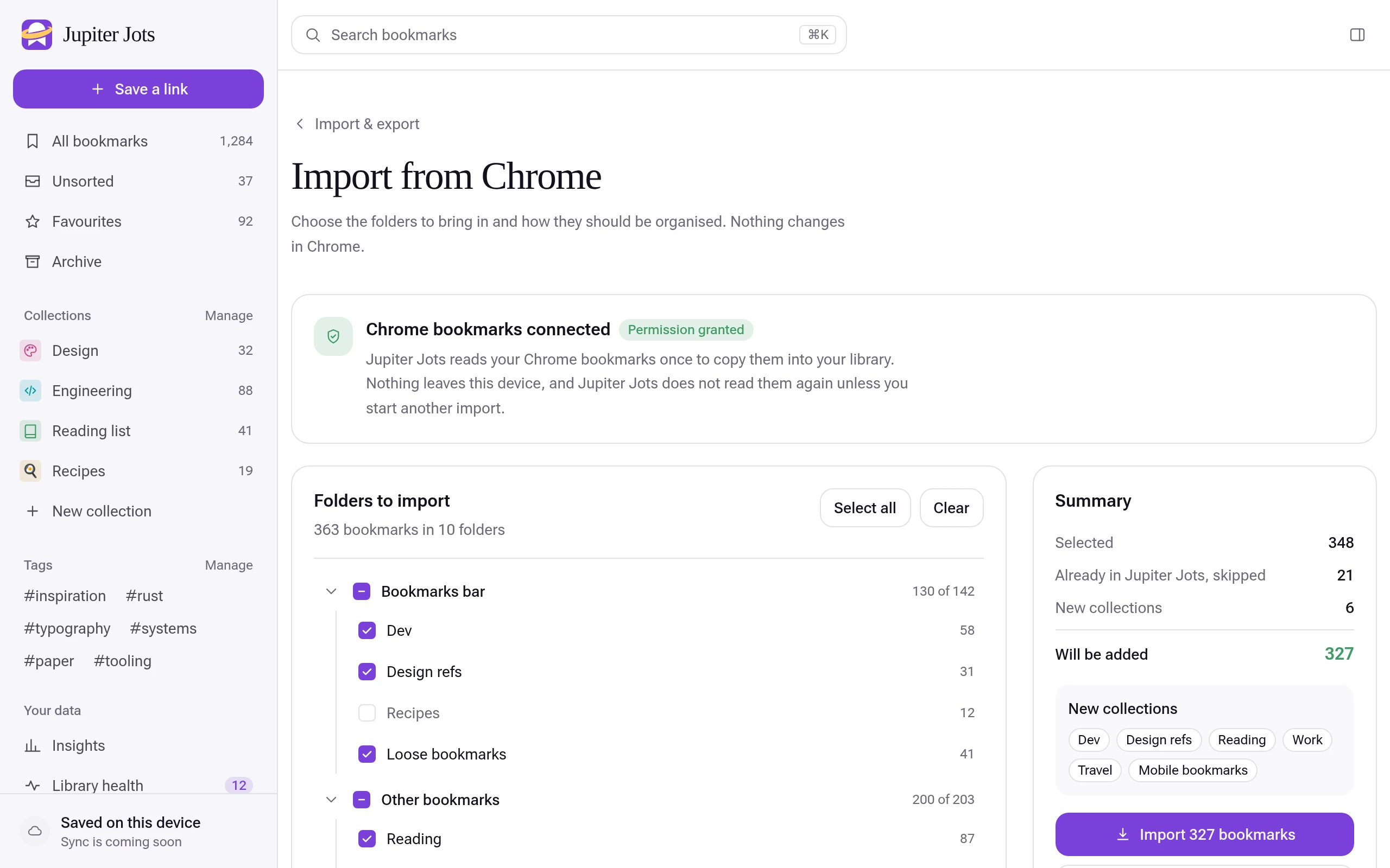 Import from Chrome: pick bookmark folders, 21 duplicates are skipped and 327 bookmarks are added as new collections