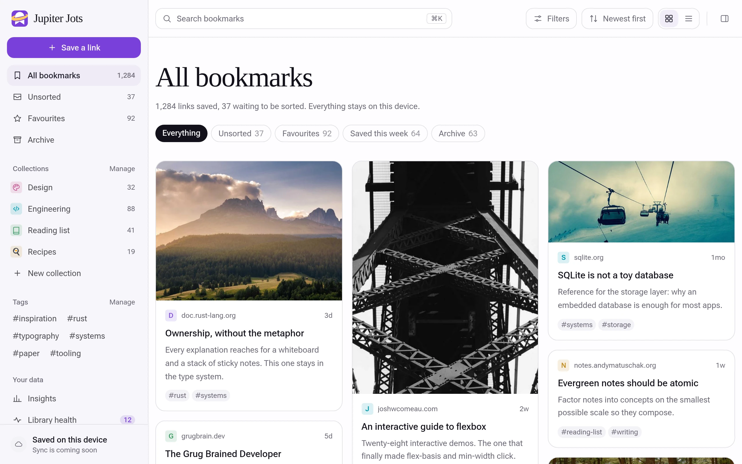 The Jupiter Jots library in full screen: collections and tags in the sidebar, and bookmarks as cards with notes and tags