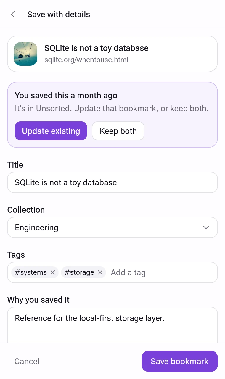 Saving a page with details: title, collection, tags and a note on why you saved it, with a notice that it was saved before