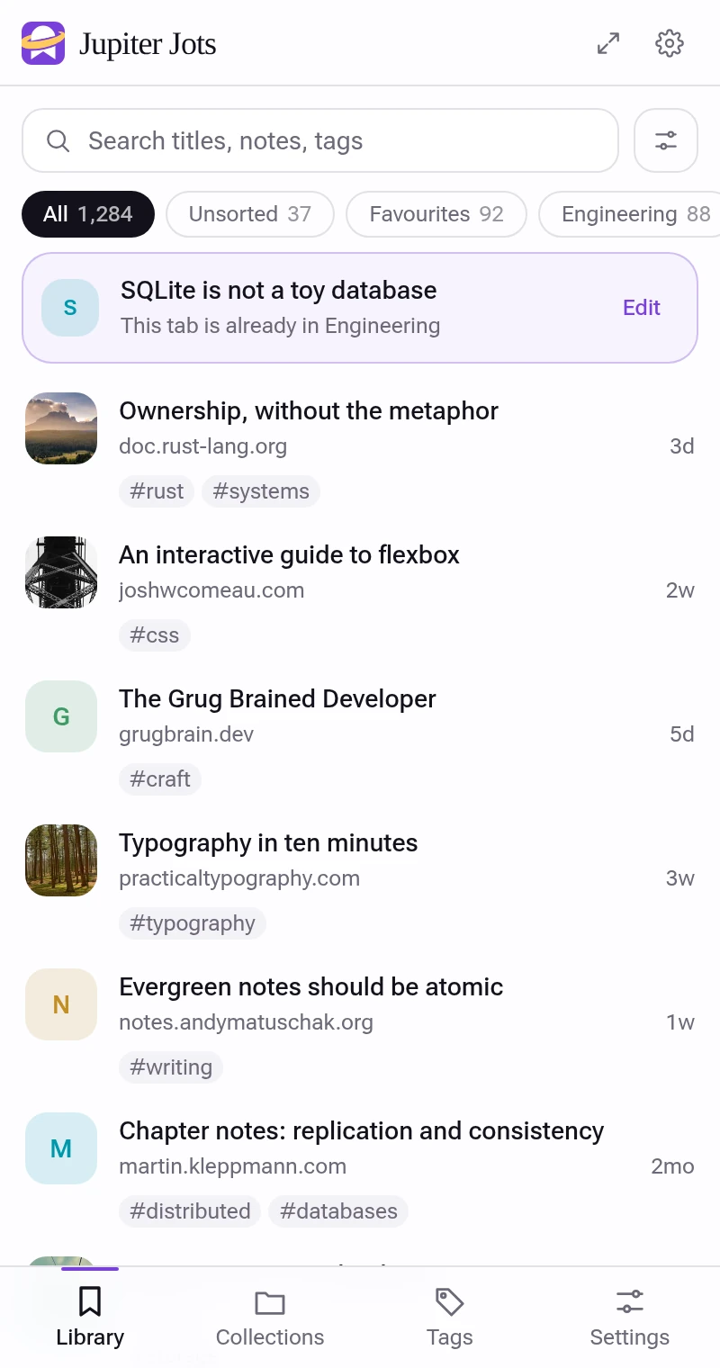 The side panel: search, filters and your bookmark list beside the page you are reading